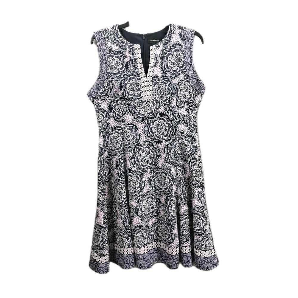 Liz Claiborne Dress Sz 12 Floral Print Sleeveless Fit & Flare Purple Back Zip